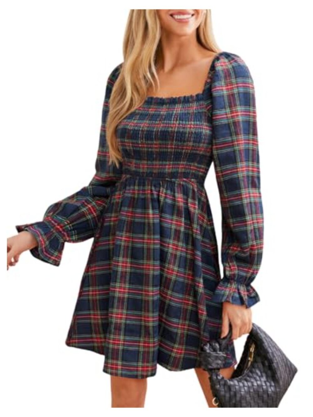 Women's Red Plaid Ruffle Cuff Fall Dress Square Neck Long Puff Sleeve Smocked